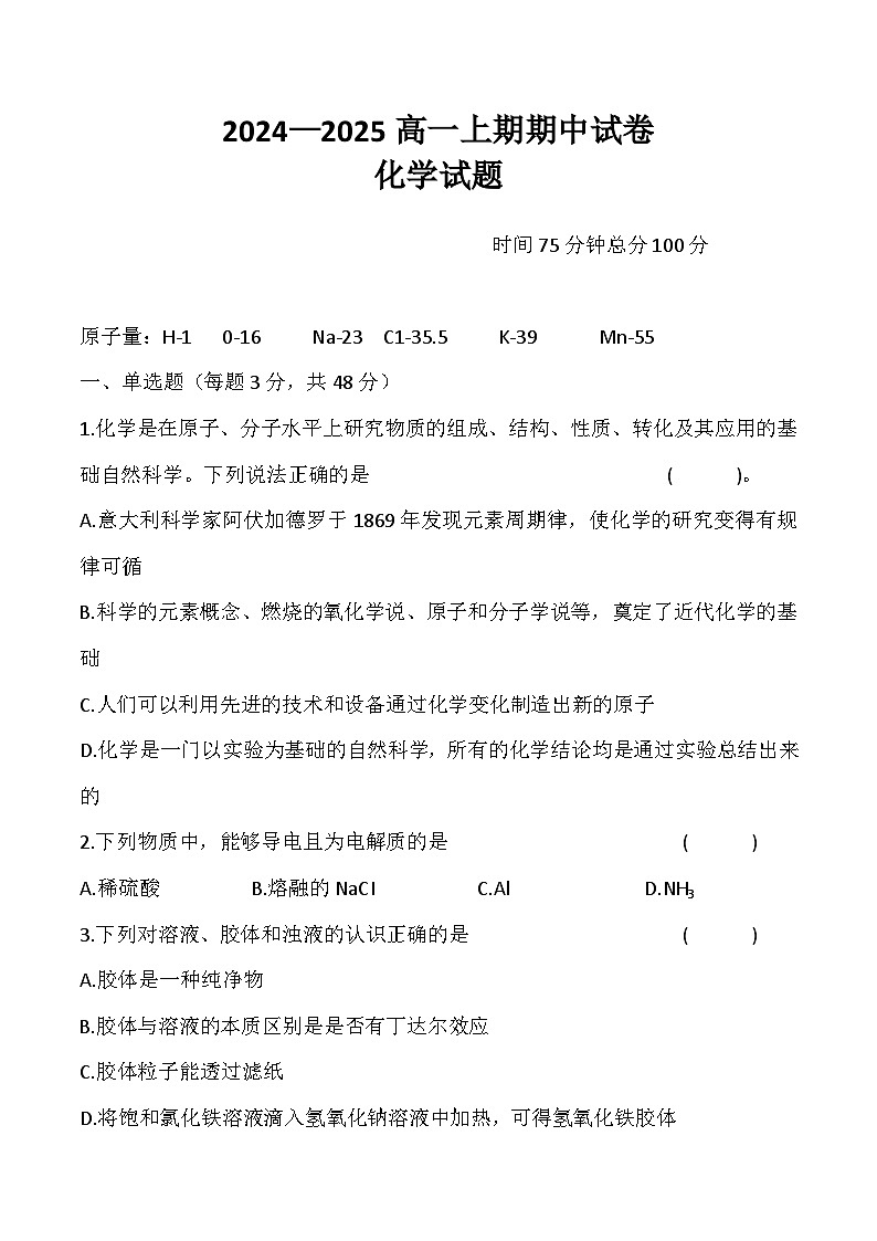 2025周口鹿邑县高一上学期11月期中考试化学含答案第1页