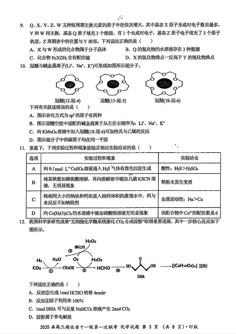 湖北省十一校2025届高三上学期第一次六科暨12月联考-化学试卷+答案第3页