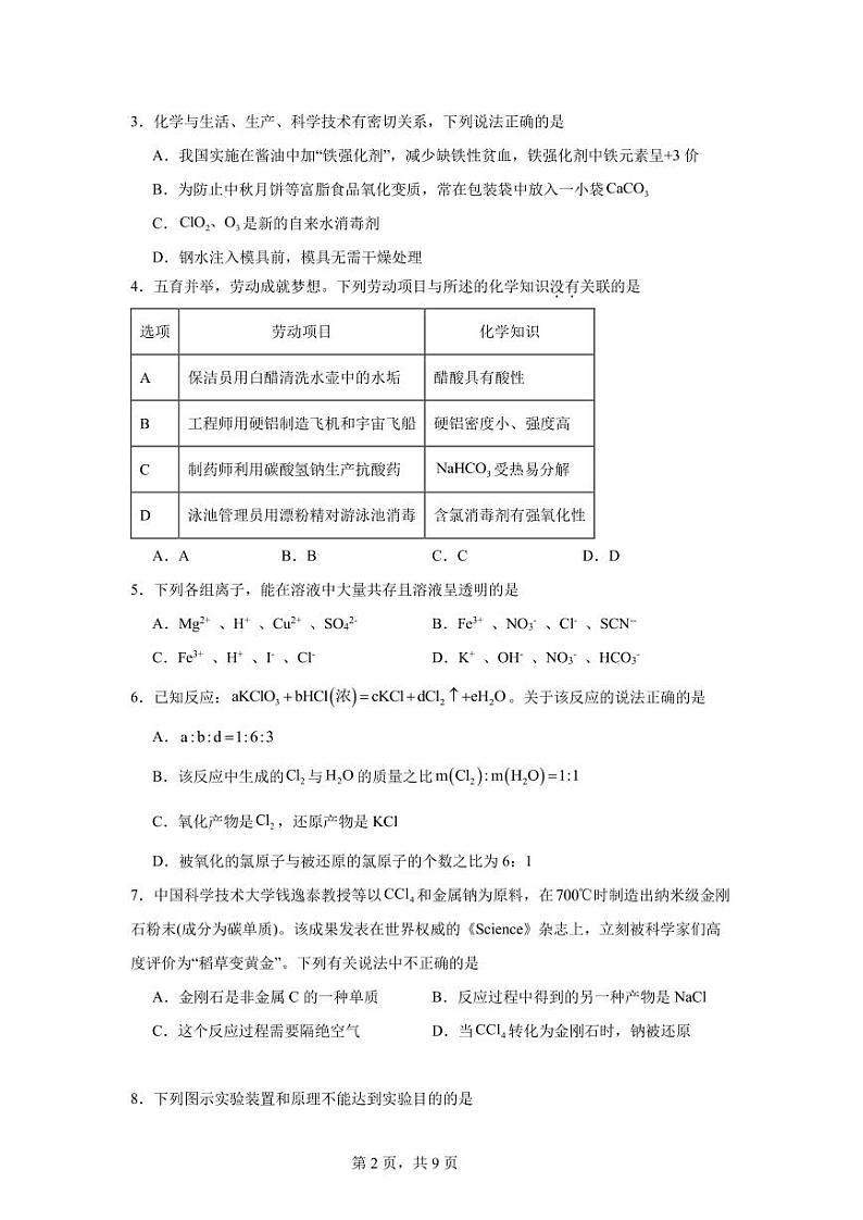 广东省东莞市东莞中学松山湖学校2024-2025学年高一上学期12月期中考试（第二次段考）化学试题第2页