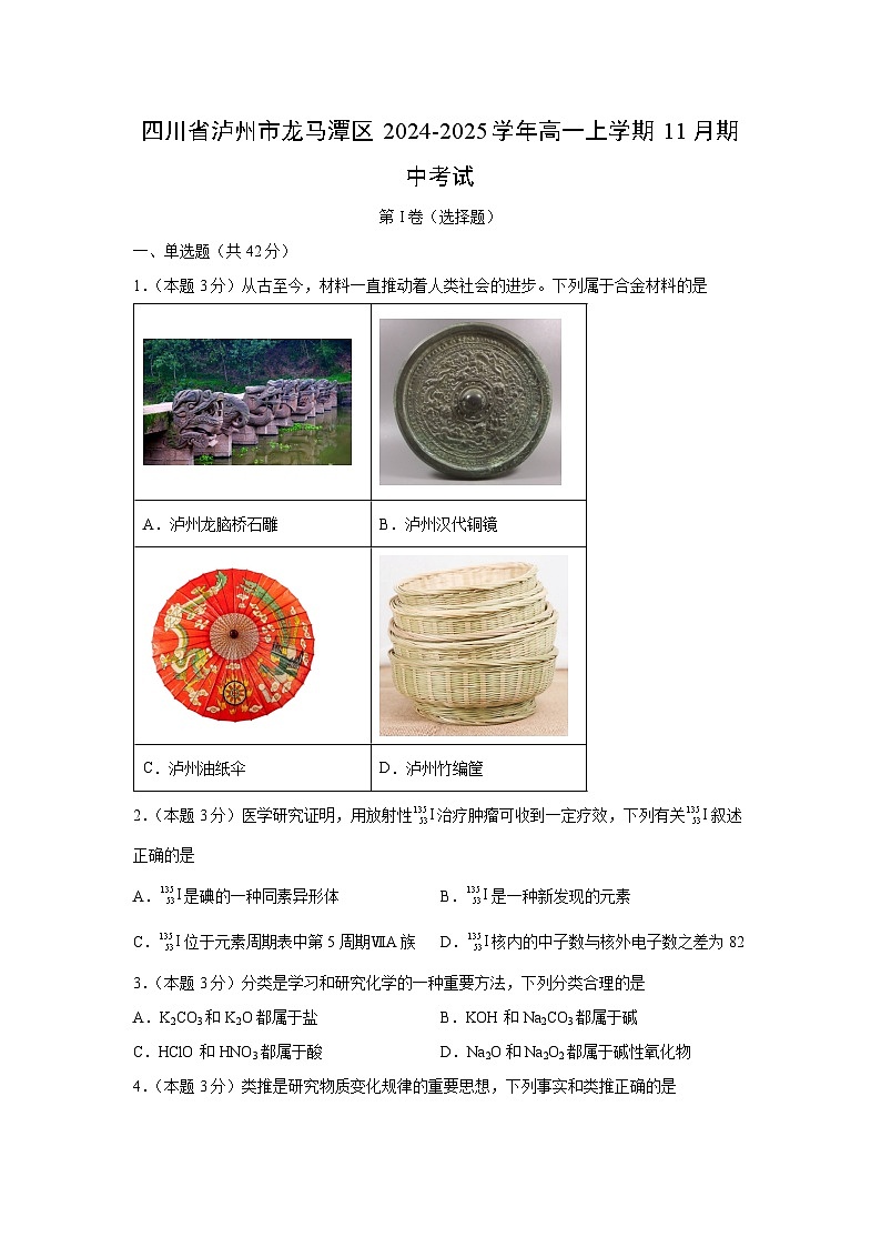 2024~2025学年四川省泸州市龙马潭区高一上学期11月期中考试化学试卷第1页