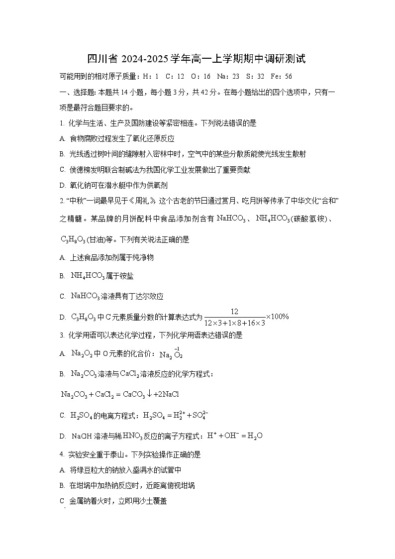 2024-2025学年四川省高一(上)期中调研测试化学试卷第1页