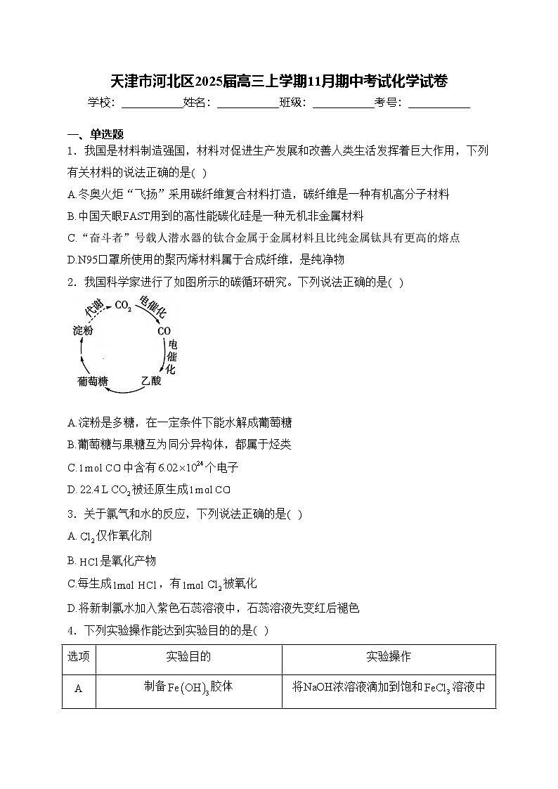 天津市河北区2025届高三上学期11月期中考试化学试卷(含答案)第1页