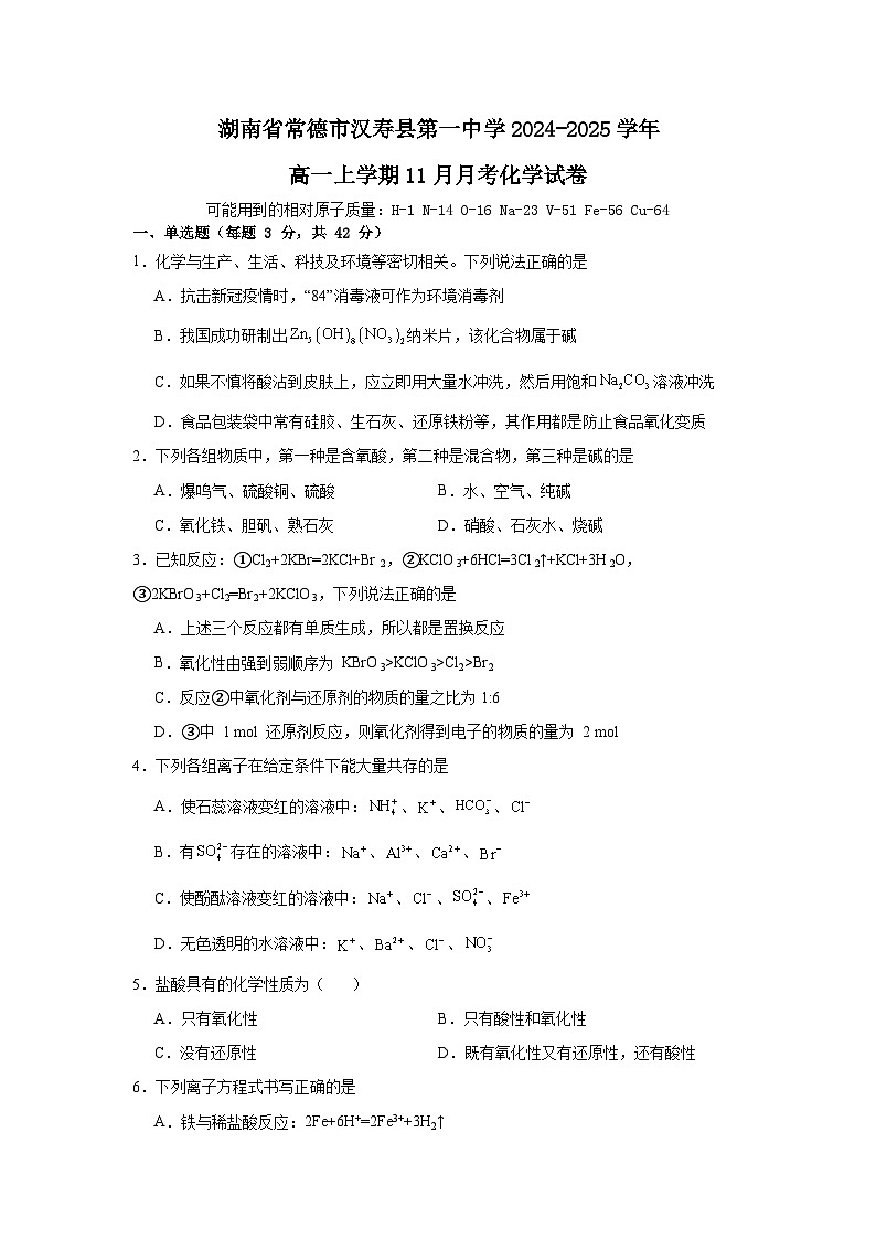 湖南省常德市汉寿县第一中学2024-2025学年高一上学期11月月考 化学试题第1页