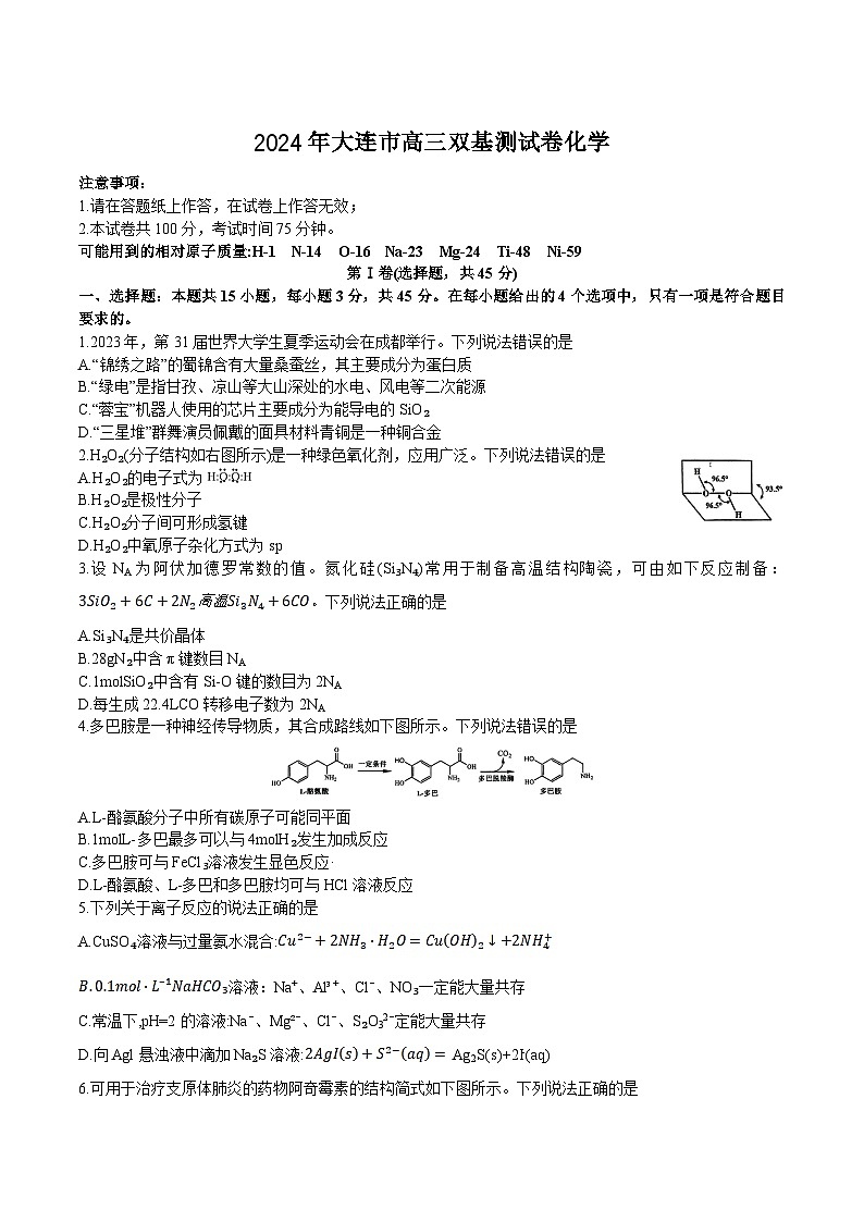 辽宁省大连市2024届高三上学期期末双基测试化学试卷第1页