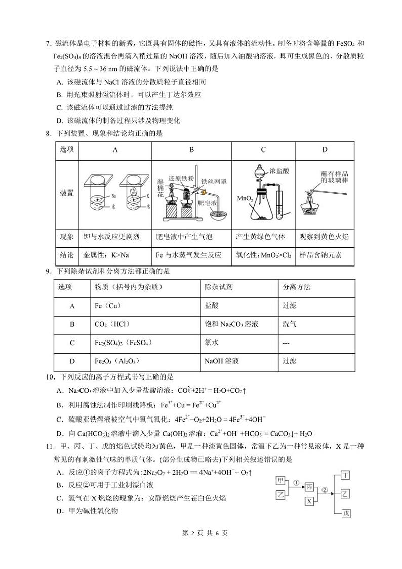 2024～2025学年四川省绵阳南山中学高一(上)12月月考化学试卷(含答案)第2页