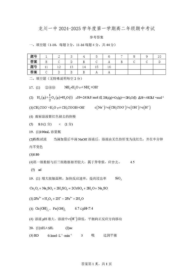 龙川一中2024-2025学年第一学期高二年级期中考试化学答案第1页