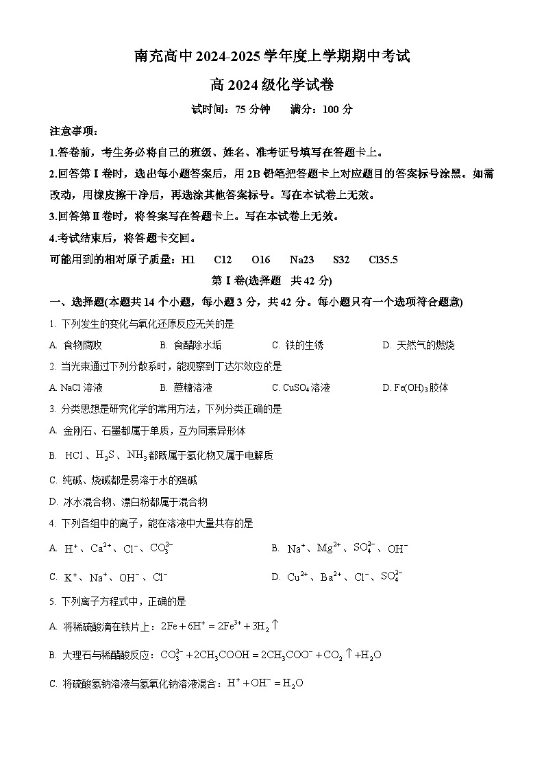 四川省南充高级中学2024-2025学年高一上学期期中检测 化学试题 Word版无答案第1页