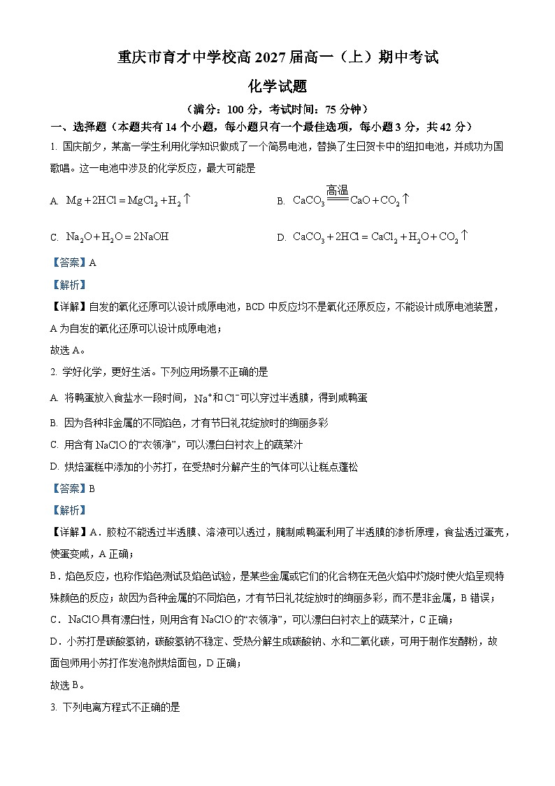 重庆市育才中学2024-2025学年高一上学期11月期中考试化学试卷 Word版含解析第1页