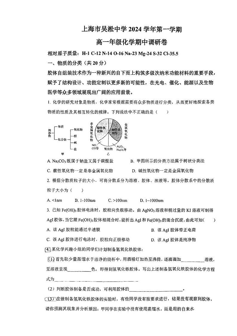 上海市吴淞中学2024-2025学年高一上学期期中调研化学试题第1页