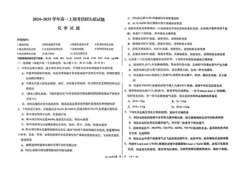 河南省周口市项城市第一高级中学2024-2025学年高一上学期12月月考化学试题第1页