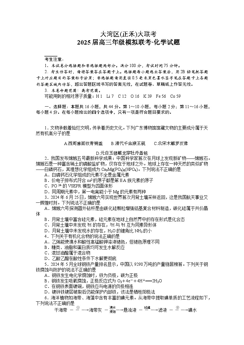 广东省大湾区（正禾）2024-2025学年高三上学期12月大联考化学试卷（Word版附解析）第1页