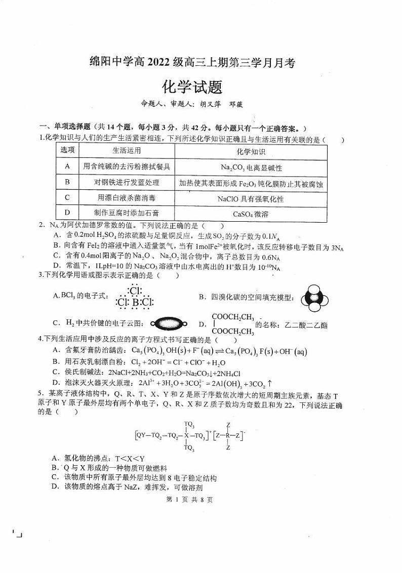 四川省绵阳中学2024-2025学年高三上学期12月月考化学试卷（PDF版附答案）第1页