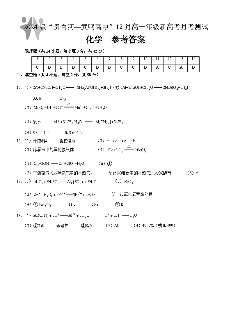 （化学）2024级“贵百河—武鸣高中”12月高一月考 参考答案及 详解+评分细则第1页
