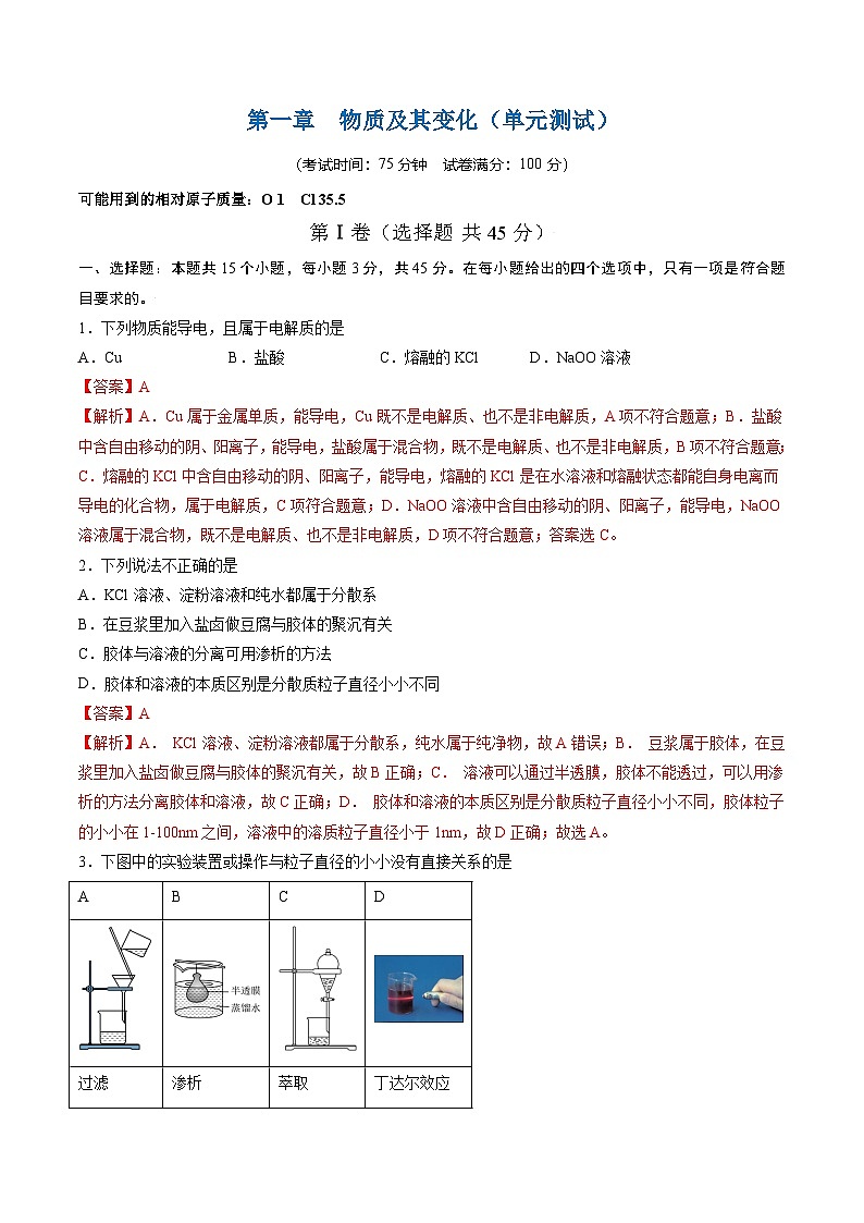 高中化学同步讲义（人教版必修第一册）1.5 第一章 物质及其变化（单元测试）（教师版）第1页