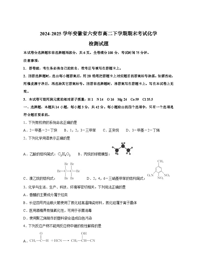 2024-2025学年安徽省六安市高二下学期期末考试化学检测试题（含答案）第1页