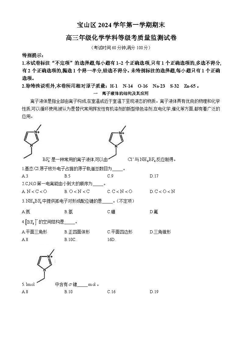 2024-2025学年上海市宝山区高三上学期高考一模考试化学试卷第1页