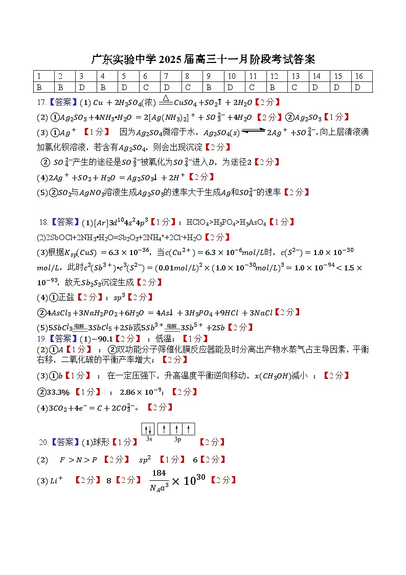 广东实验中学2025届高三十一月阶段考试答案第1页