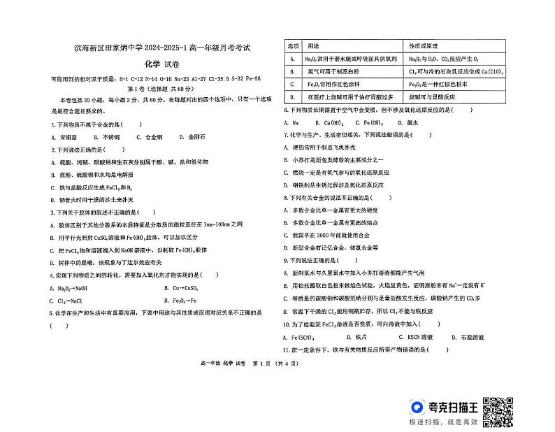天津市滨海新区田家炳中学2024-2025学年高一年级上学期12月月考化学试卷第1页