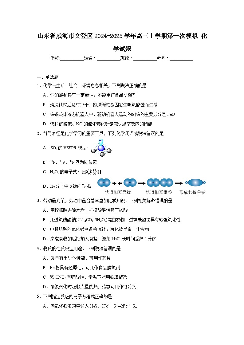 山东省威海市文登区2024-2025学年高三上学期第一次模拟化学试题第1页