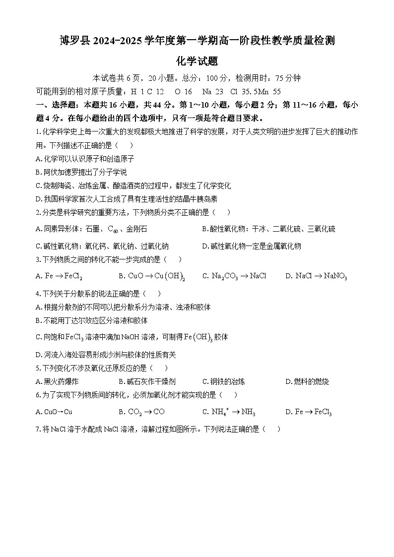 2025惠州博罗县高一上学期11月期中考试化学无答案第1页