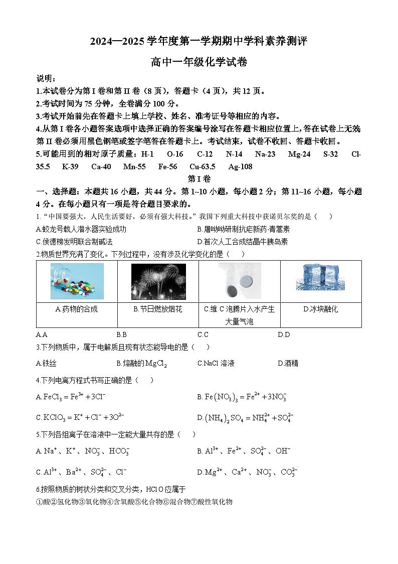广东省茂名市化州市2024-2025学年高一上学期11月期中考试化学试题（Word版附解析）第1页