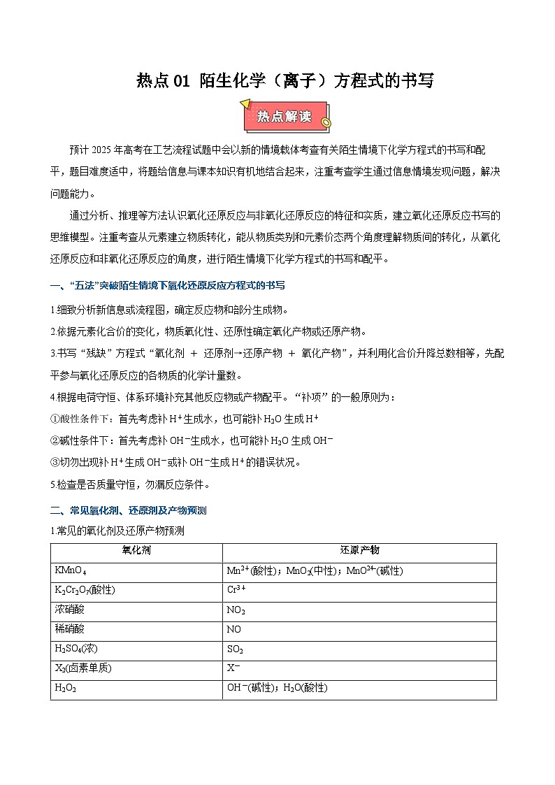 热点题型01 陌生化学（离子）方程式的书写-2025年高考化学 热点 重点 难点 专练（新高考通用）（解析版）第1页