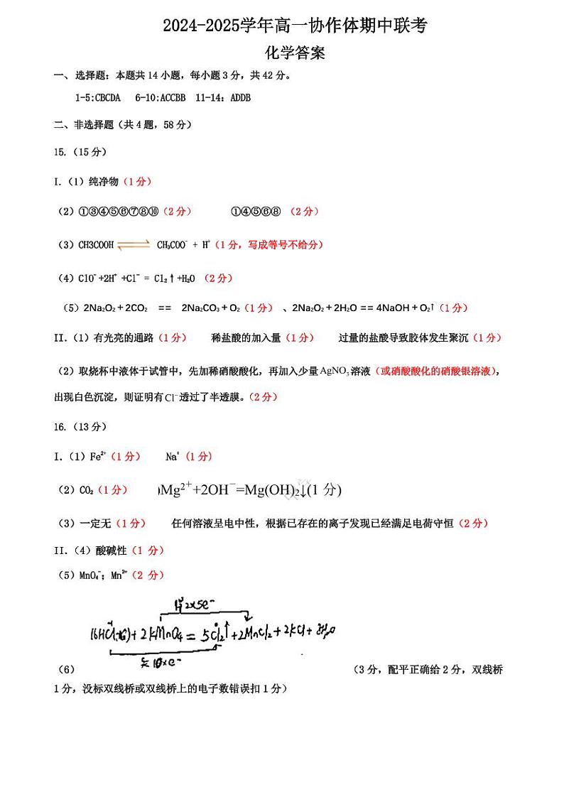 仁寿县2024-2025学年高一协作体期中联考化学答案第1页