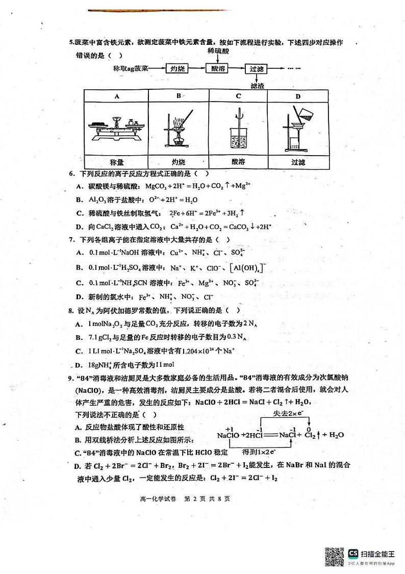 广东省台山市第一中学2024-2025学年高一上学期12月月考化学试题第2页