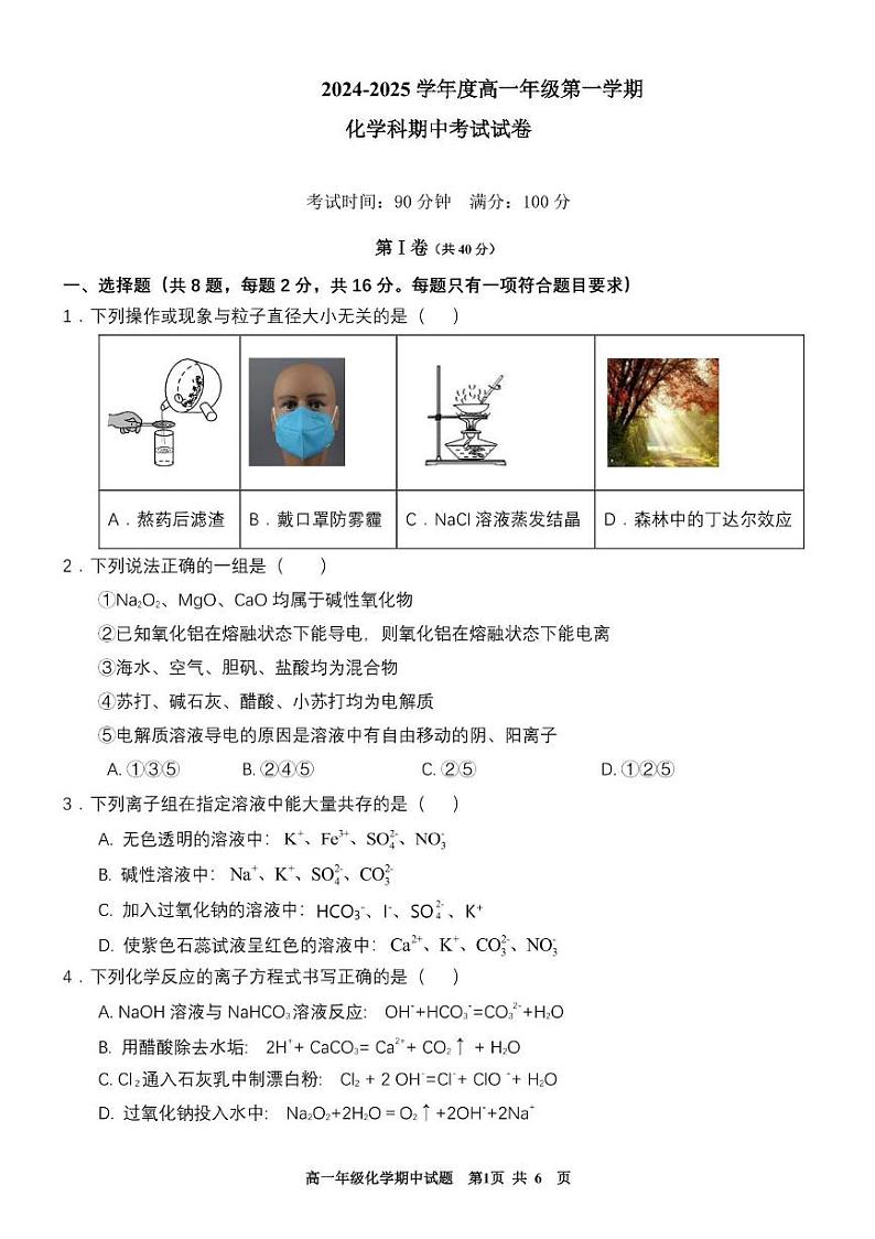 海南省海口某校2024-2025学年高一上学期期中考试 化学试题第1页
