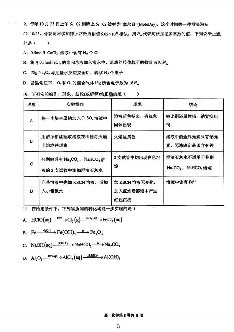 2024-2025学年度上沈阳市第四十中学12月份阶段测试高一化学试题第3页