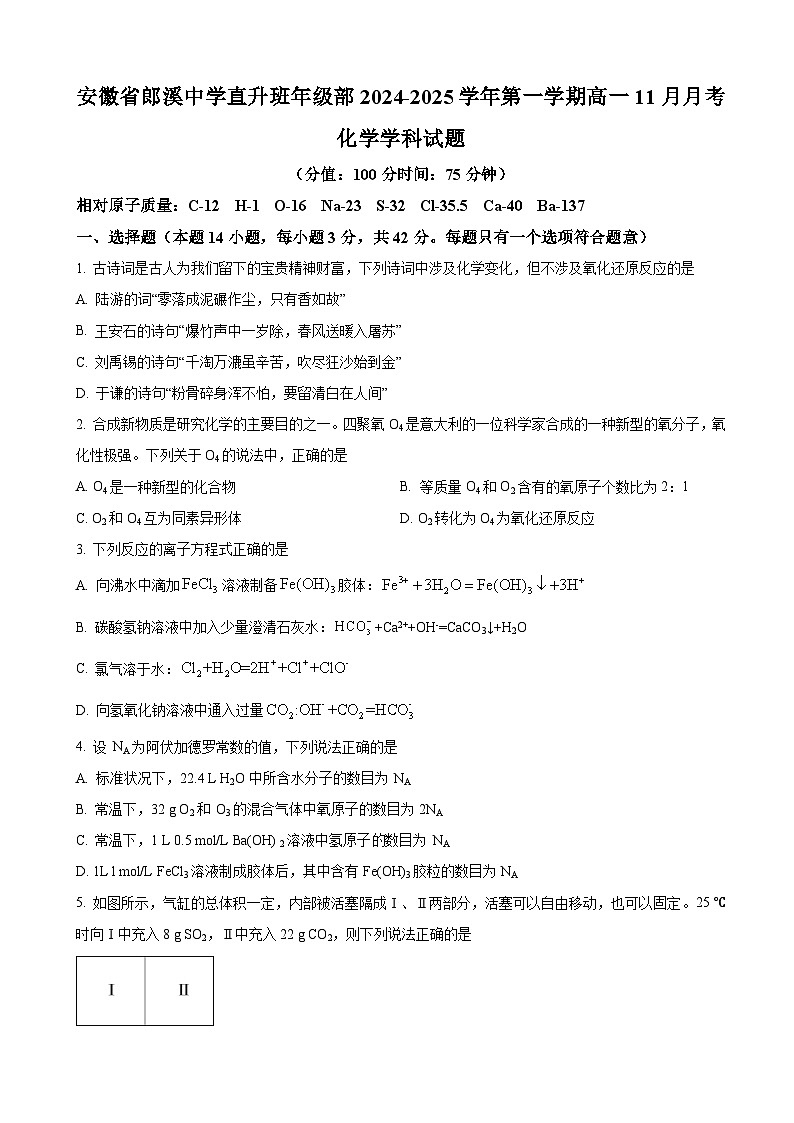 安徽省郎溪中学直升班年级部2024-2025学年高一上学期11月月考化学试题第1页