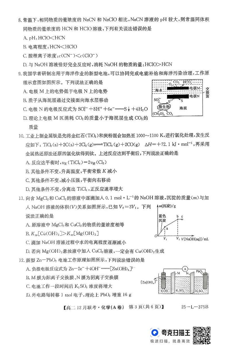 安徽省阜阳市亲情学校2024-2025学年高二上学期12月联考化学试卷第3页