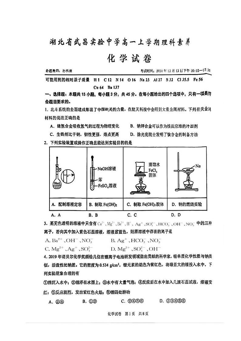 湖北省武汉市武昌实验中学2024-2025学年高一上学期12月月考 化学试题第1页