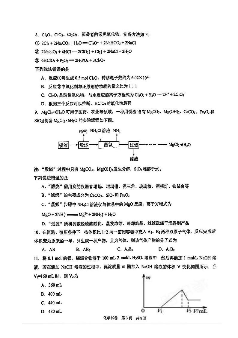 湖北省武汉市武昌实验中学2024-2025学年高一上学期12月月考 化学试题第3页