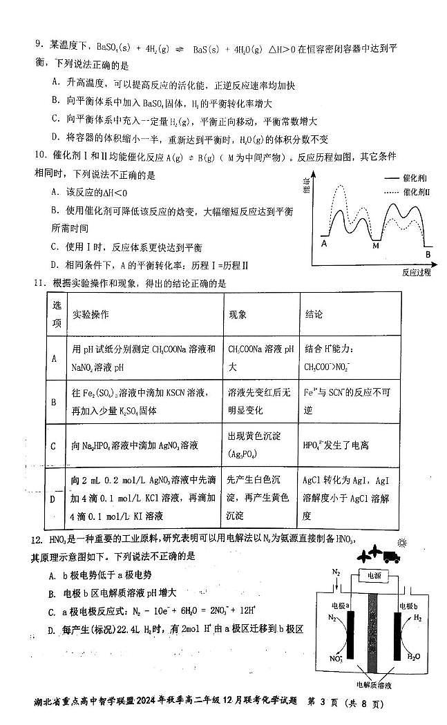 湖北省部分重点学校智学联盟2024-2025学年高二上学期12月 月考化学试题第3页