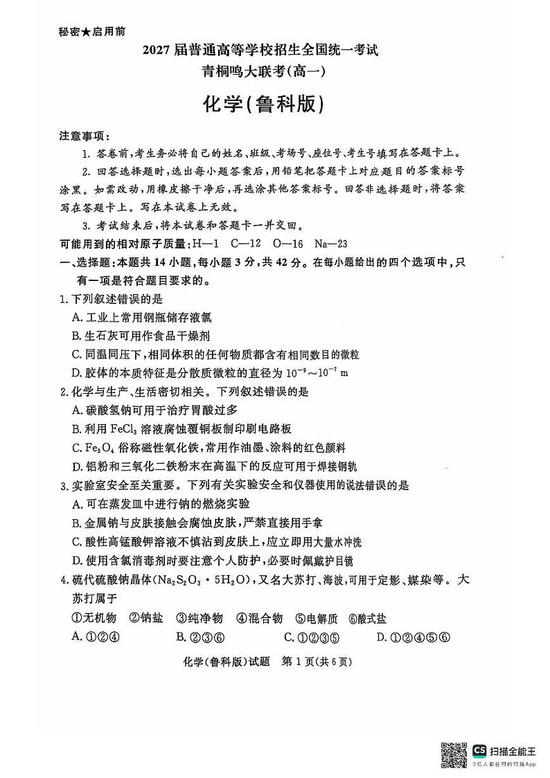 青桐鸣大联考2024-2025学年高一上学期12月联考化学试卷及答案（鲁科版）第1页
