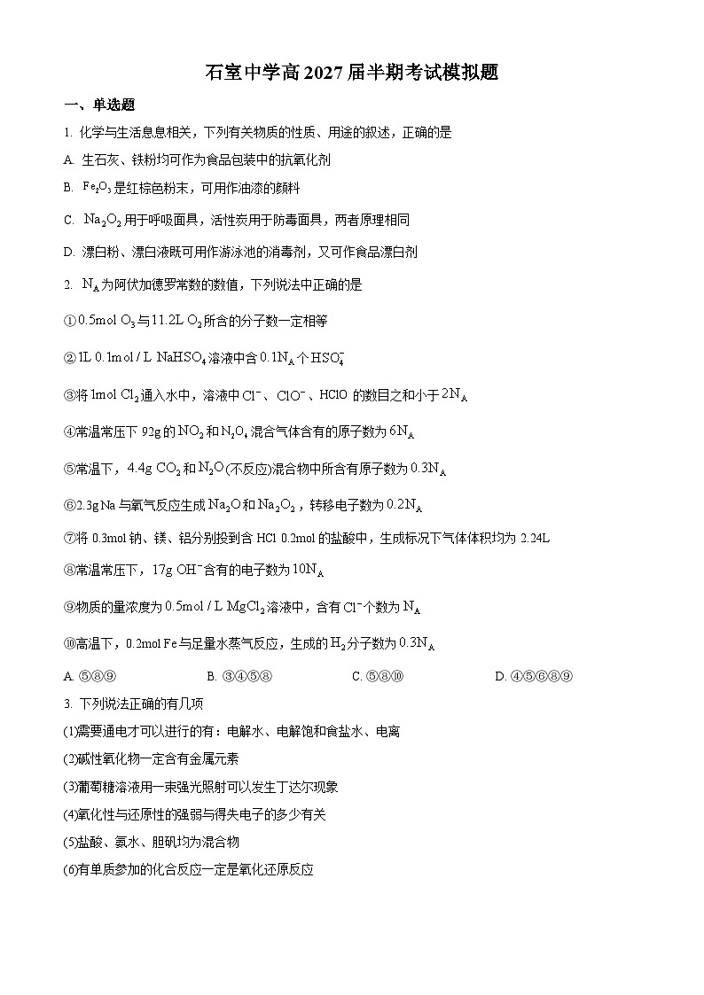 四川省成都市石室中学2024-2025学年高一上学期半期考试化学模拟题 Word版无答案第1页