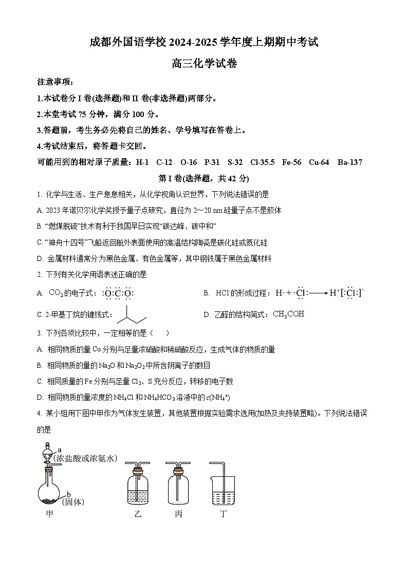 四川省成都外国语学校2024-2025学年高三上学期11月期中考试 化学试题 Word版无答案第1页