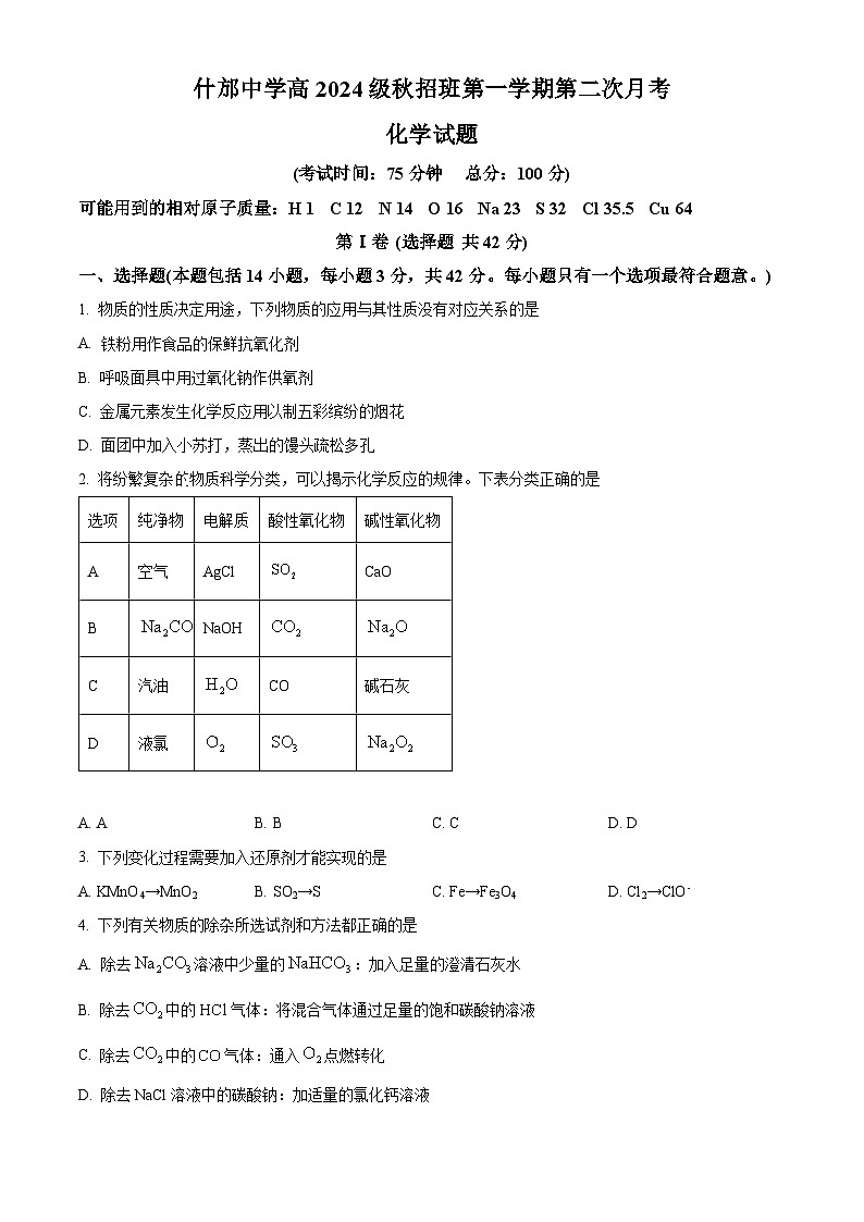 四川省德阳市什邡中学2024-2025学年高一上学期12月第二次月考化学试题 Word版无答案第1页