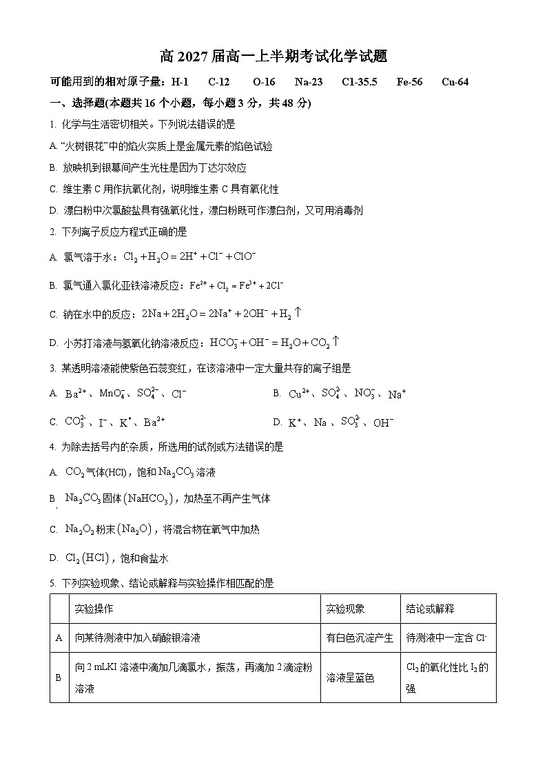四川省广安市华蓥市华蓥中学2024-2025学年高一上学期11月期中化学试题 Word版无答案第1页