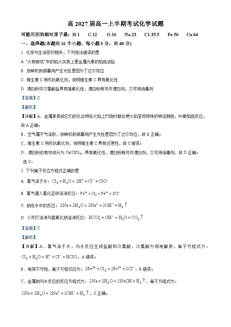 四川省广安市华蓥市华蓥中学2024-2025学年高一上学期11月期中化学试题 Word版含解析第1页