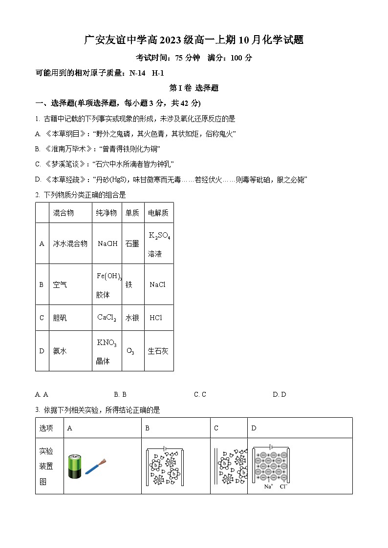 四川省广安市友谊中学2023-2024学年高一上学期10月月考化学试题 Word版无答案第1页