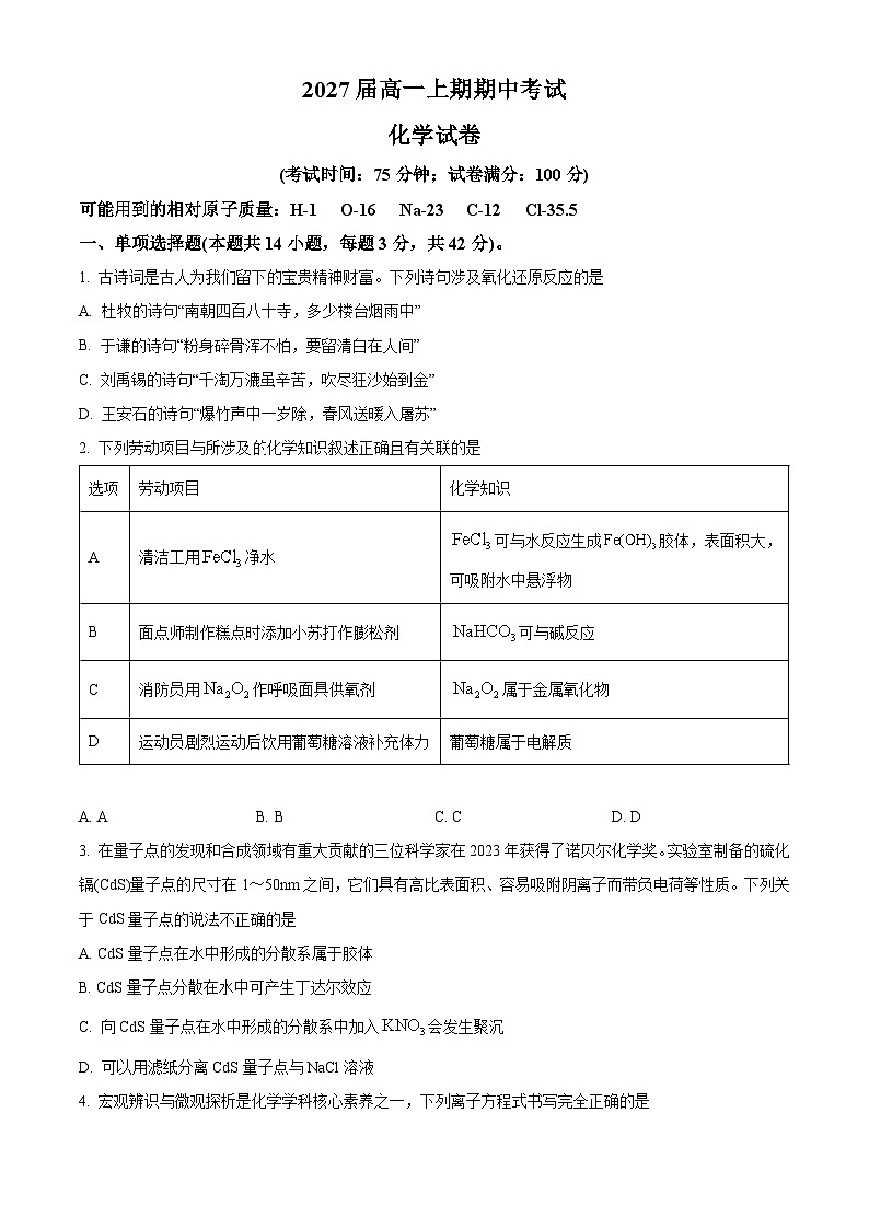 四川省眉山市仁寿第一中学（北校区）2024-2025学年高一上学期11月期中考试 化学试题 Word版无答案第1页