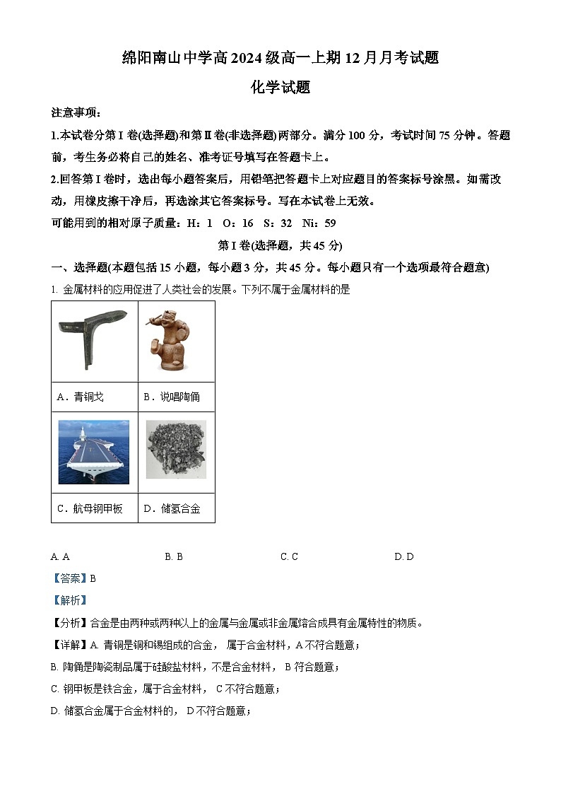 四川省绵阳市南山中学2024-2025学年高一上学期12月月考 化学试题  Word版含解析第1页