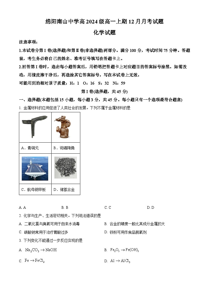 四川省绵阳市南山中学2024-2025学年高一上学期12月月考 化学试题  Word版无答案第1页