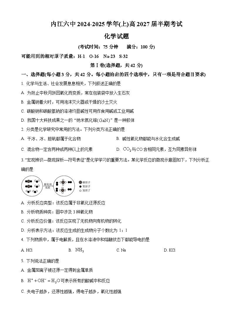 四川省内江市第六中学2024-2025学年高一上学期11月期中考试 化学试题 Word版无答案第1页