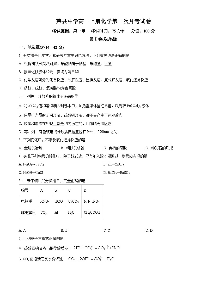四川省自贡市荣县中学2024-2025学年高一上学期第一次月考考试 化学试题 Word版无答案第1页