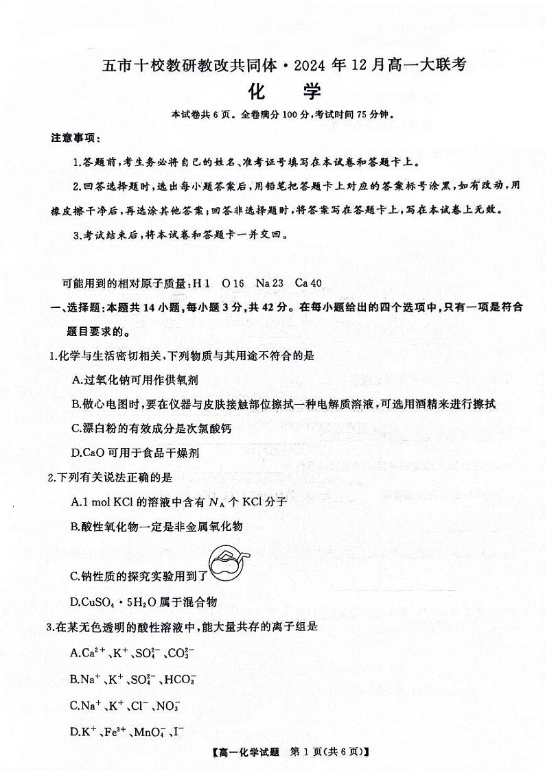 湖南五市十校教研教改共同体2024年高一12月联考化学试卷第1页