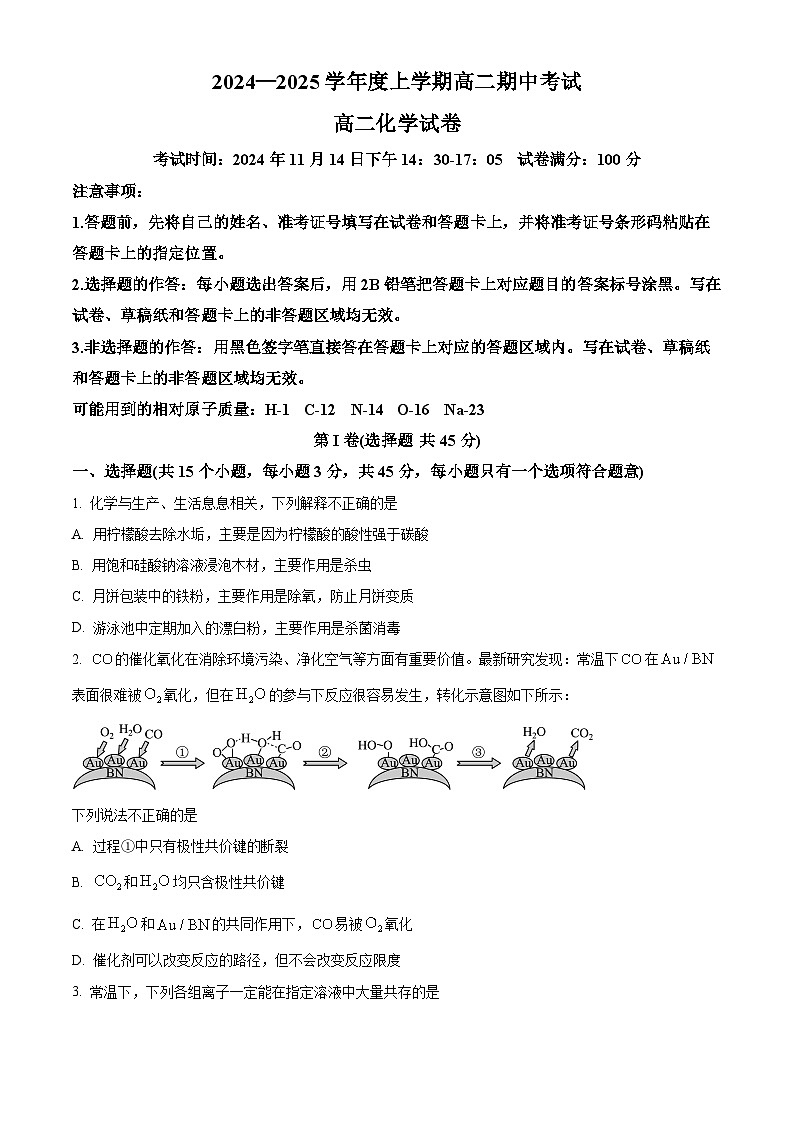精品解析：湖北省湖北楚天协作体高二期中考试2024-2025学年高二上学期11月期中化学试题（原卷版）第1页