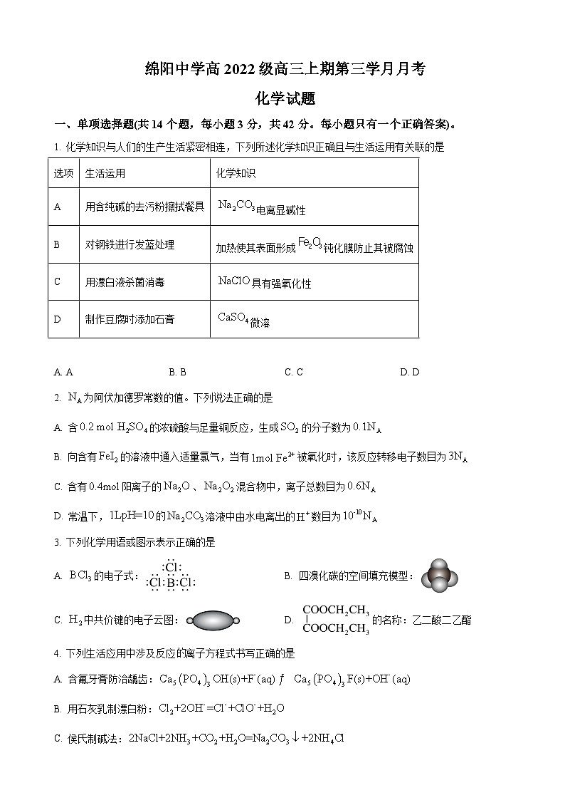 四川省绵阳市绵阳中学2024-2025学年高三上学期12月第三次月考化学试题第1页